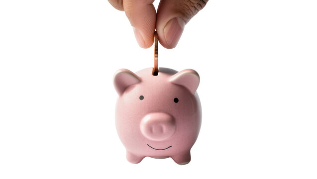 Isolated hand placing golden coin into a pink piggy bank, concept of saving money
