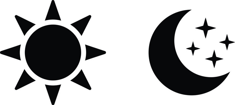 Black sun and moon icons with stars representing day and night weather symbols