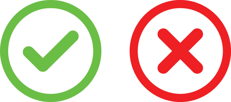 Green check mark and red cross icon set for accept and reject or true and false choice