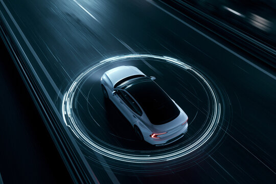 Autonomous self-driving EV with glowing LiDAR sensor rings speeding on night highway, top aerial view.