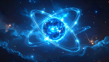 Abstract blue atomic nucleus with glowing energy rings in cosmos