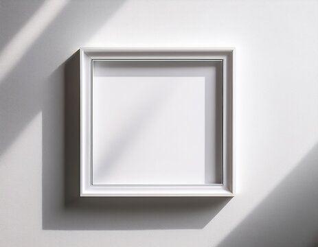 imagen minima de marco cuadrado blanco vacio simulada colgada sobre fondo de pared blanca con luz y sombra de ventana aislar imagen