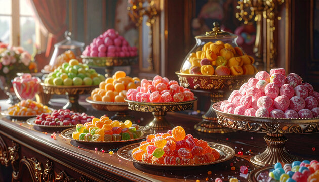 Assortment of colorful candies and sweets displayed on a table
