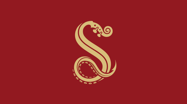 Elegant gold flourish letter S logo on red background