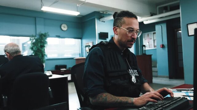 Cop doing paperwork in the police station