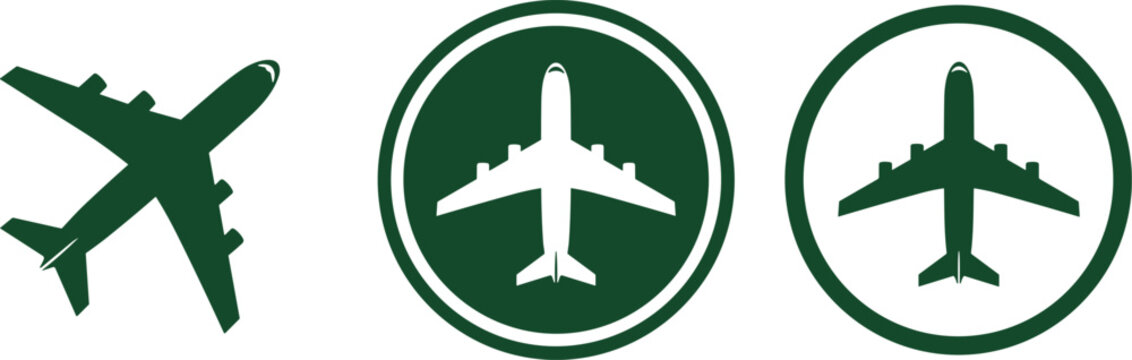 Aircraft vector icon on transparent background with three style variations flat plane silhouette.
