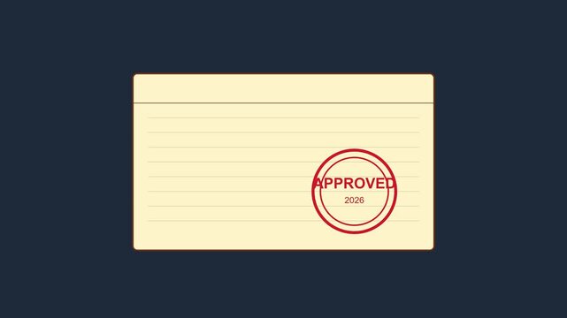 Animated approved stamp on paper index card for business approval process animation document