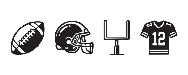 Set of american football gear including ball helmet goal post and jersey on transparent background. © MdAbdul