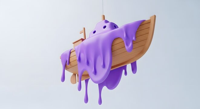 Artistic 3D conceptual illustration featuring a small wooden boat engulfed in fluid dripping purple molten wax on a plain white backdrop