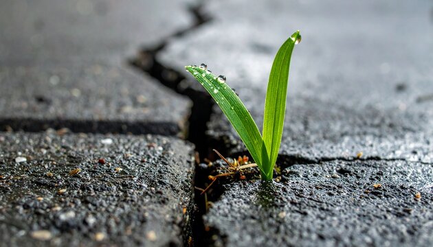 Hope Sprouts Through Concrete: A resilient green sprout, adorned with dew drops, pushes through a crack in the asphalt, symbolizing strength and new beginnings against adversity.