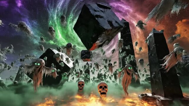 Dark ghoulish background featuring eerie spirits and ghostly silhouettes emerging from shadows, conceptual horror scene with misty atmosphere and supernatural elements for Halloween.