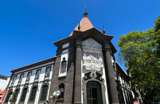 Banco de Portugal building in Funchal, Madeira. Close-up.