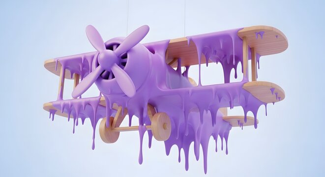 Surreal wooden biplane model with melting purple wax drips in a 3d conceptual art style