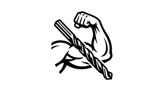 Muscular arm holding industrial drill bit logo.