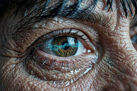 Human eye features a digital overlay of glowing blue circuit patterns across the iris. Wet skin texture and fine wrinkles surround the brown pupil under harsh close up illumination.