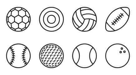 Fototapeta premium Set of eight outline sports balls representing various games isolated on transparent grid background.
