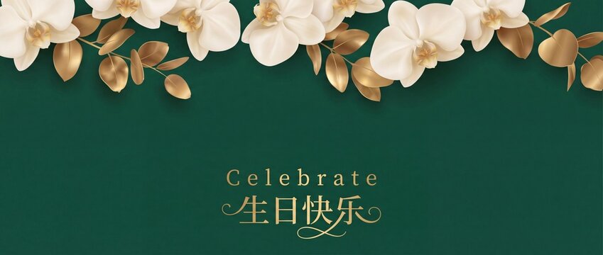 Chinese Happy Birthday Floral Banner with white orchid flowers and gold leaves on dark green background, luxury Oriental greeting card design, elegant celebration banner for holiday website templates.