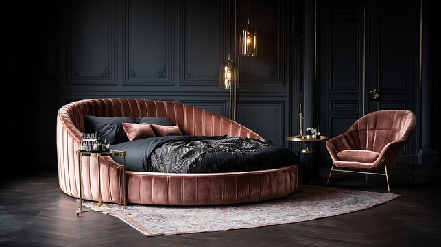 Dark living room with tufted pink sofa and patterned armchair in dim lighting