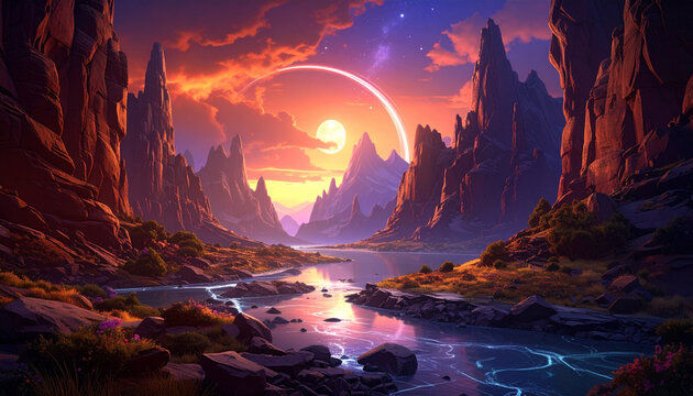 Alien planet landscape with celestial ring and vibrant sunset