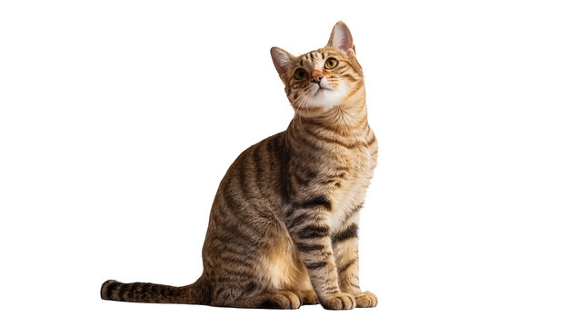 Isolated curious young domestic tabby cat sitting patiently and looking upward with tilted head