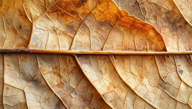 Close-up macro view of dry autumn leaf texture with prominent veins