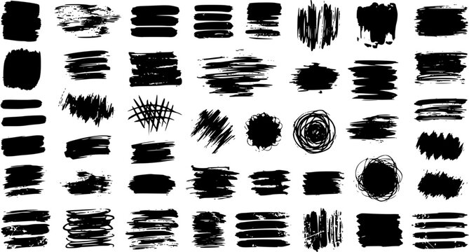 Paint brush strokes. Black vector rough edge rectangles. Grunge square frames set. Jagged edge torn paper background collection. Grungy distressed text boxes. Transparent background EPS version.