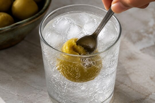 Woman stirring pickled apricot in iced soda water. Traditional Vietnamese salted plum drink called chanh muoi or xi muoi. Homemade refreshing iced beverage for summer heat.