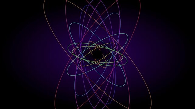 Abstract neon geometric spirograph animation, rotating colorful glowing ellipse rings on dark background