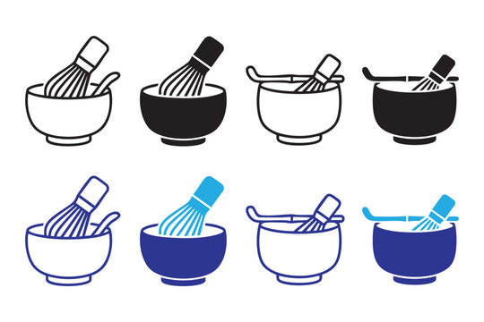 Matcha bowl and whisk icons set. Traditional japanese tea ceremony line and glyph symbols.