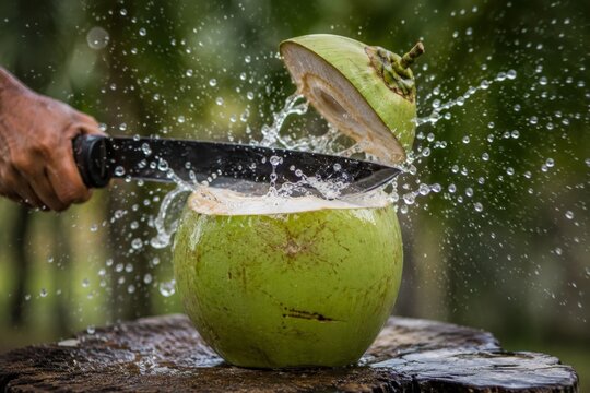 Man using machete to cut fresh green coconut. Action shot of tropical fruit being opened with water splashing. Vietnamese cuisine preparation, organic food and refreshment concept.