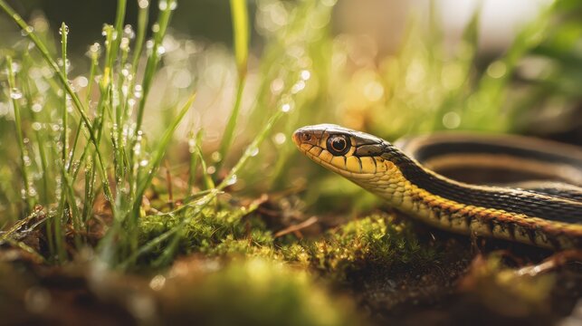Serene garter snake slithering along a sunlit backyard path with leaves and moss