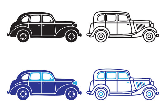 Vintage car icons solid black and blue outline detailed retro automobile.