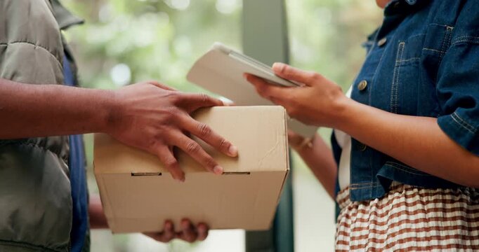 Delivery, signature and hands of people with tablet, digital invoice and online receipt for parcel. Home, ecommerce and person on tech with customer package for courier service, shipping and order