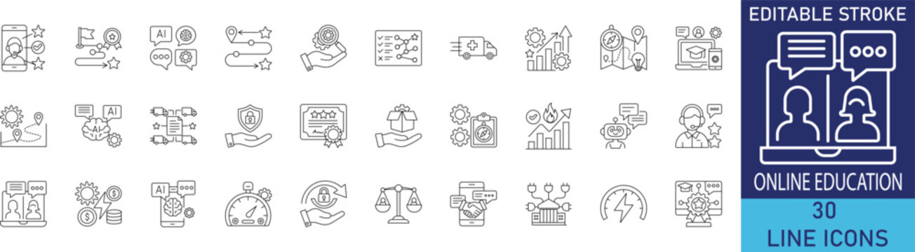 Online education and e-learning digital school line icon set. Vector symbols for virtual classroom, internet webinar lecture, distant study degrees, and student tutorial interface.