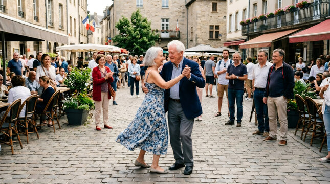Elderly woman and man dancing in European street square. Romantic senior couple performing dance for crowd. Happy retirees enjoying retirement lifestyle outdoors on sunny day.