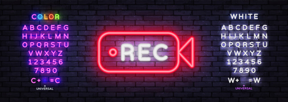 Editable REC neon camera sign with glowing alphabet and universal symbols. Bright video recording template for livestream overlay, vlog graphics and digital broadcast design.