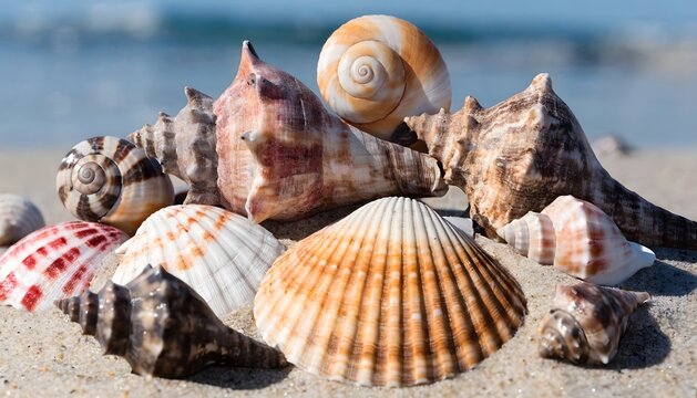 Colorful seashells and sand dollars on sandy beach