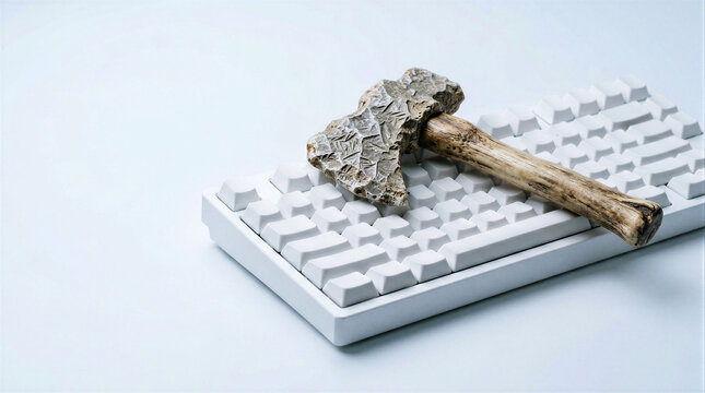 Primitive stone axe resting on a modern white computer keyboard