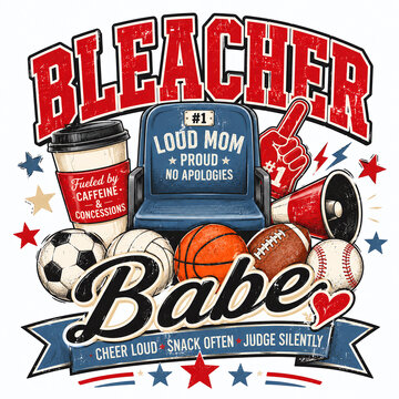 Funny sports mom design with bleacher seat, coffee cup, sports ball accents and the quote Bleacher Babe in bold retro distressed lettering