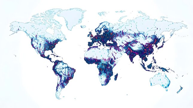 Abstract visualization of global population density on world map with blue and purple data design