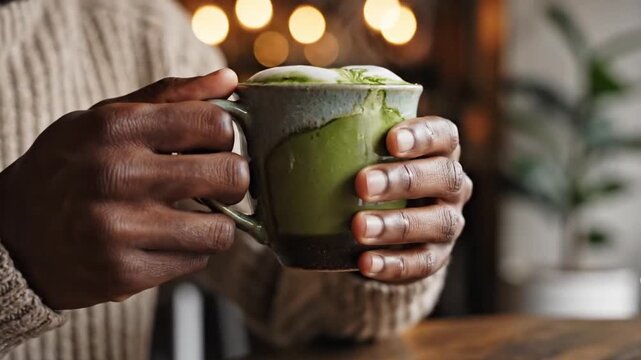 Table-level close-up shows two hands cupping green ceramic mug filled with steaming matcha latte, soft milk foam and latte art, beside warm indoor bokeh and natural caf&eacute; textures