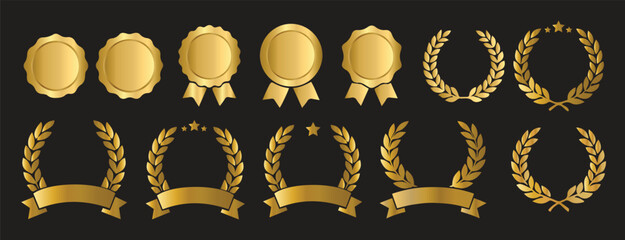 Set of golden achievement badges and laurel wreaths award icons isolated on black background with achievement collection illustration © HR Studio