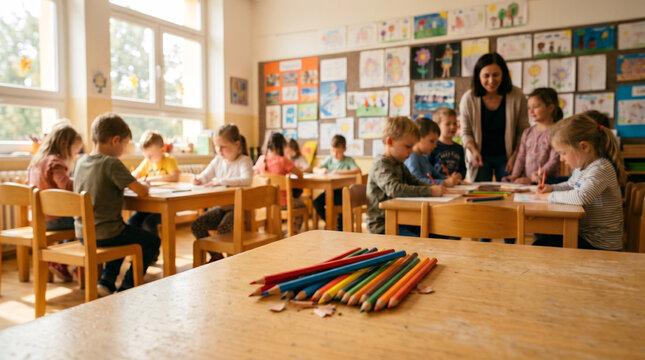 Salle de Classe avec Enseignante et &Eacute;l&egrave;ves