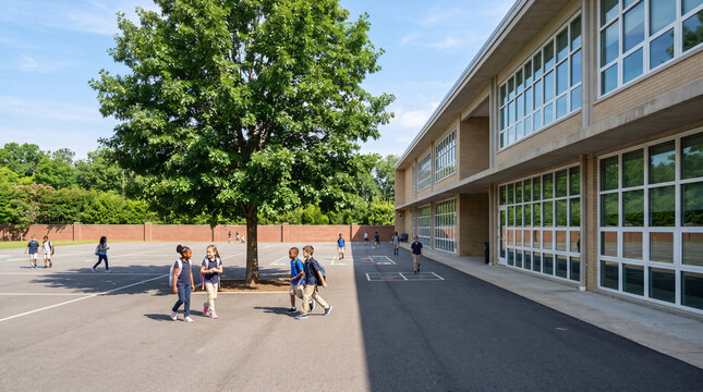 Cour de R&eacute;cr&eacute;ation devant un &Eacute;tablissement Scolaire Moderne