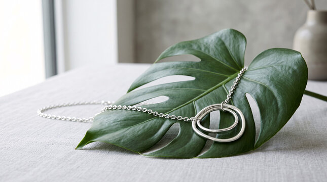 Collier Argent&eacute; Pos&eacute; sur une Feuille Tropicale