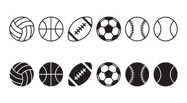 Sports ball icons set featuring volleyball basketball football soccer baseball and tennis equipment.
