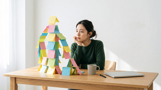 Femme Construisant une Tour de Notes Color&eacute;es sur une Table