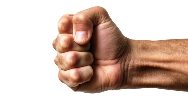 Isolated male hand making a powerful clenched fist gesture representing strength and anger