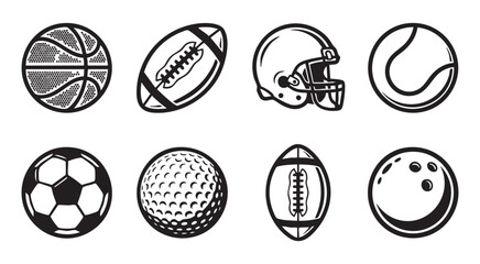 Fototapeta premium Black and white vector illustration depicting assorted sports balls and classic gridiron head gear.