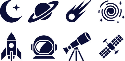 Space and astronomy icons collection illustration set, generic celestial objects and exploration graphics. © FASTSEO